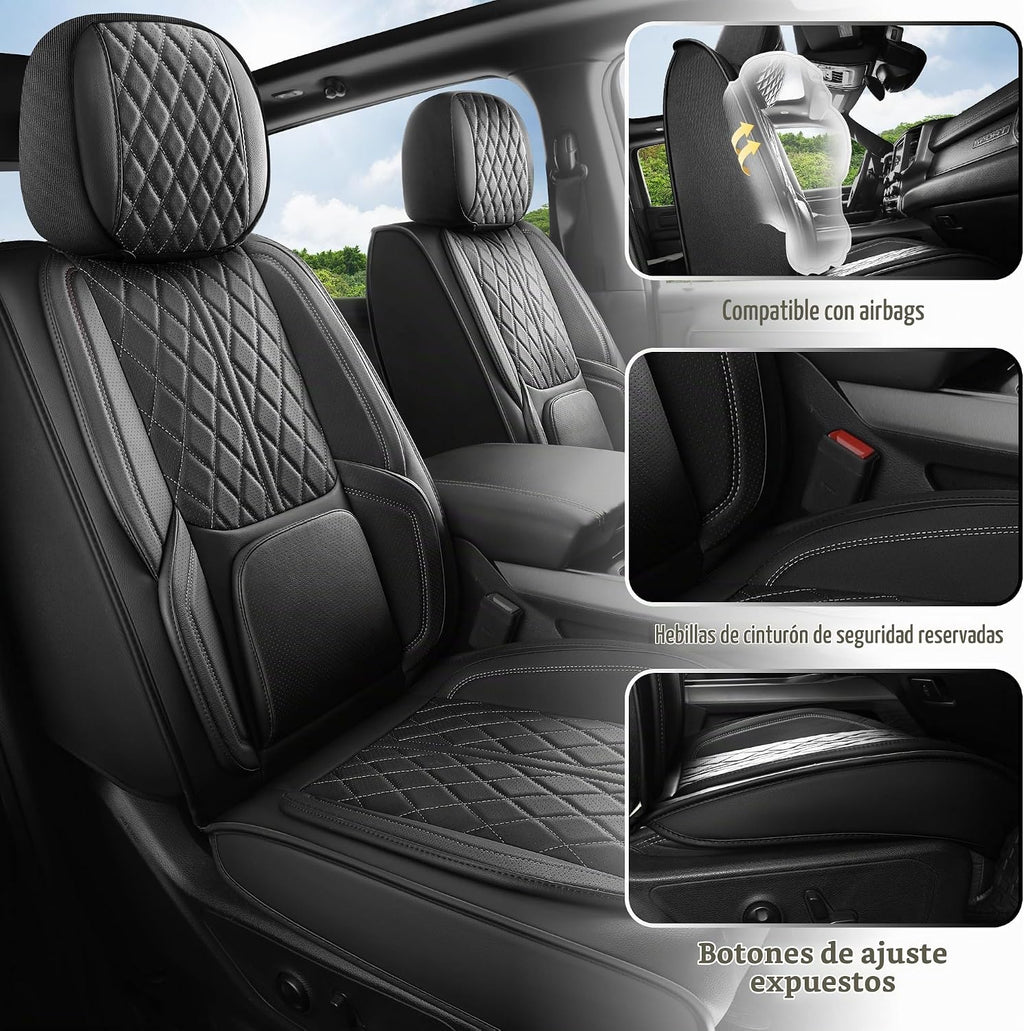 Funda de asiento de automóvil ajuste personalizado para Dodge Ram 1500 2500 3500 2002-2026 juego de fundas de asiento de piel sintética compatible con cojines de cabina regular Crew Quad para camioneta (negro, asiento delantero)