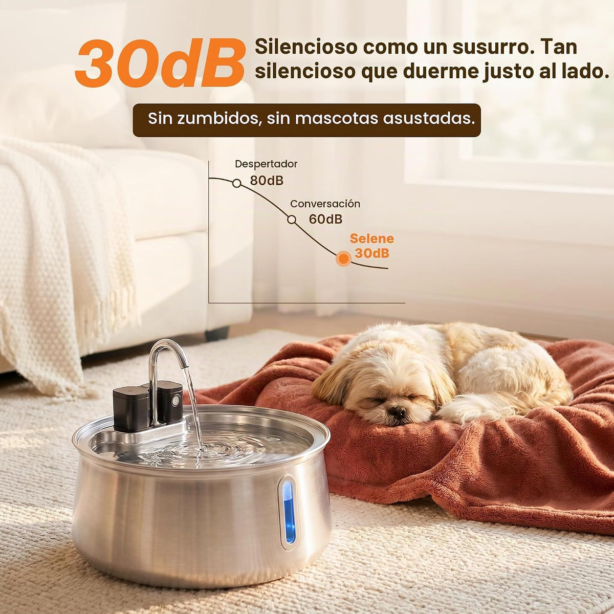 Selene - Fuente inalámbrica para perros, fuente de agua inalámbrica para perros en el interior, fuente de acero inoxidable para mascotas, filtración de 4 capas, batería de 30 días
