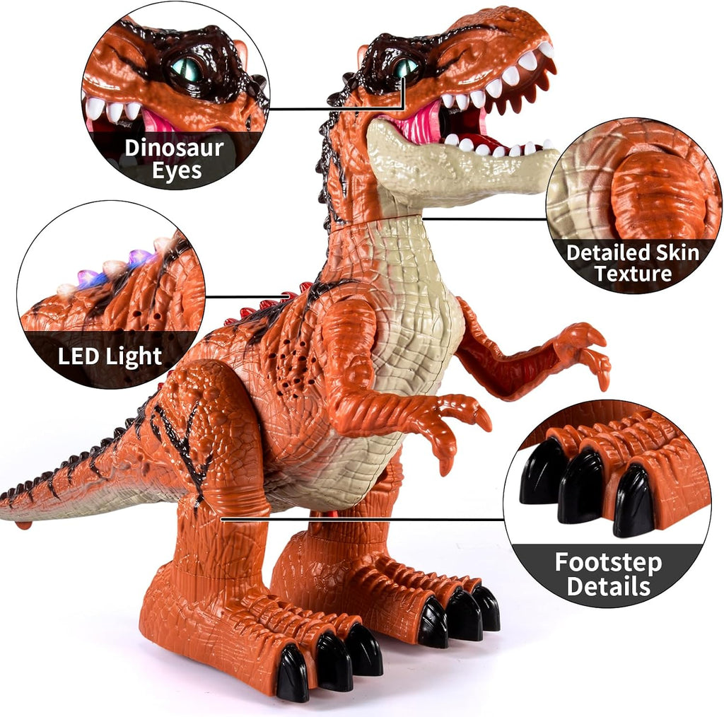 Juguetes de dinosaurio a control remoto para niños de 3-5, 5, 7, 8-12, juguete robot de dinosaurio T-Rex para caminar a control remoto con spray de niebla de agua, luces y sonidos, paquete de 2 baterías recargables, 3, 4, 5, 6, 7, 8 años, regalo de