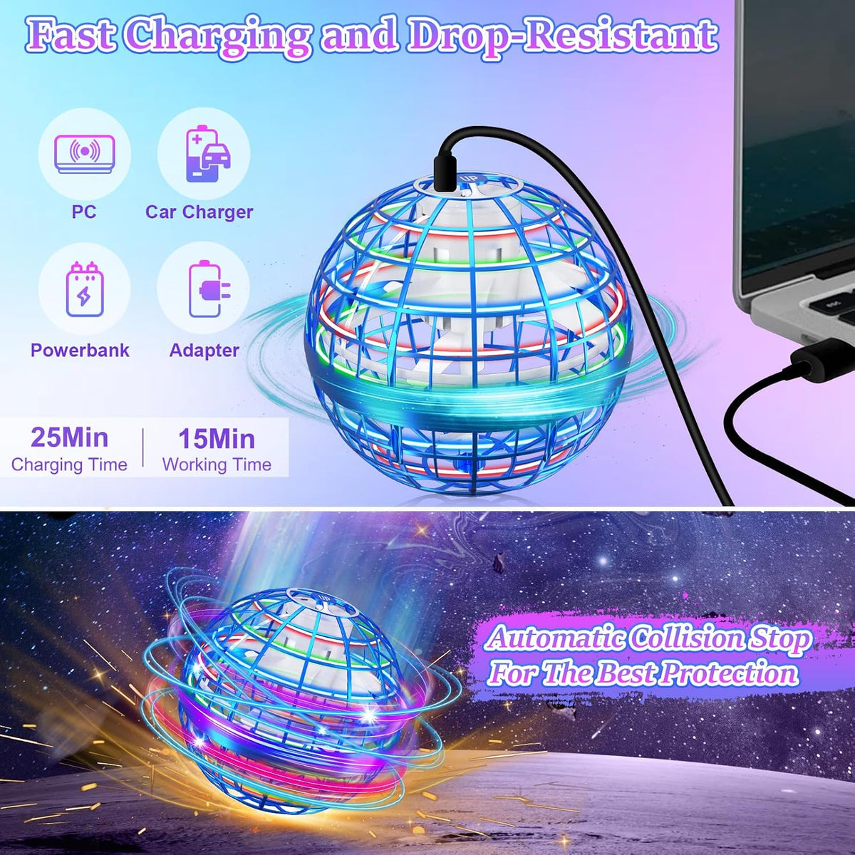 Juguete de bola de orbe volador, mini dron cósmico de mano flotante, hilanderos de mosca para niños y adultos, juguetes para interiores y exteriores, juguetes geniales con luces LED para