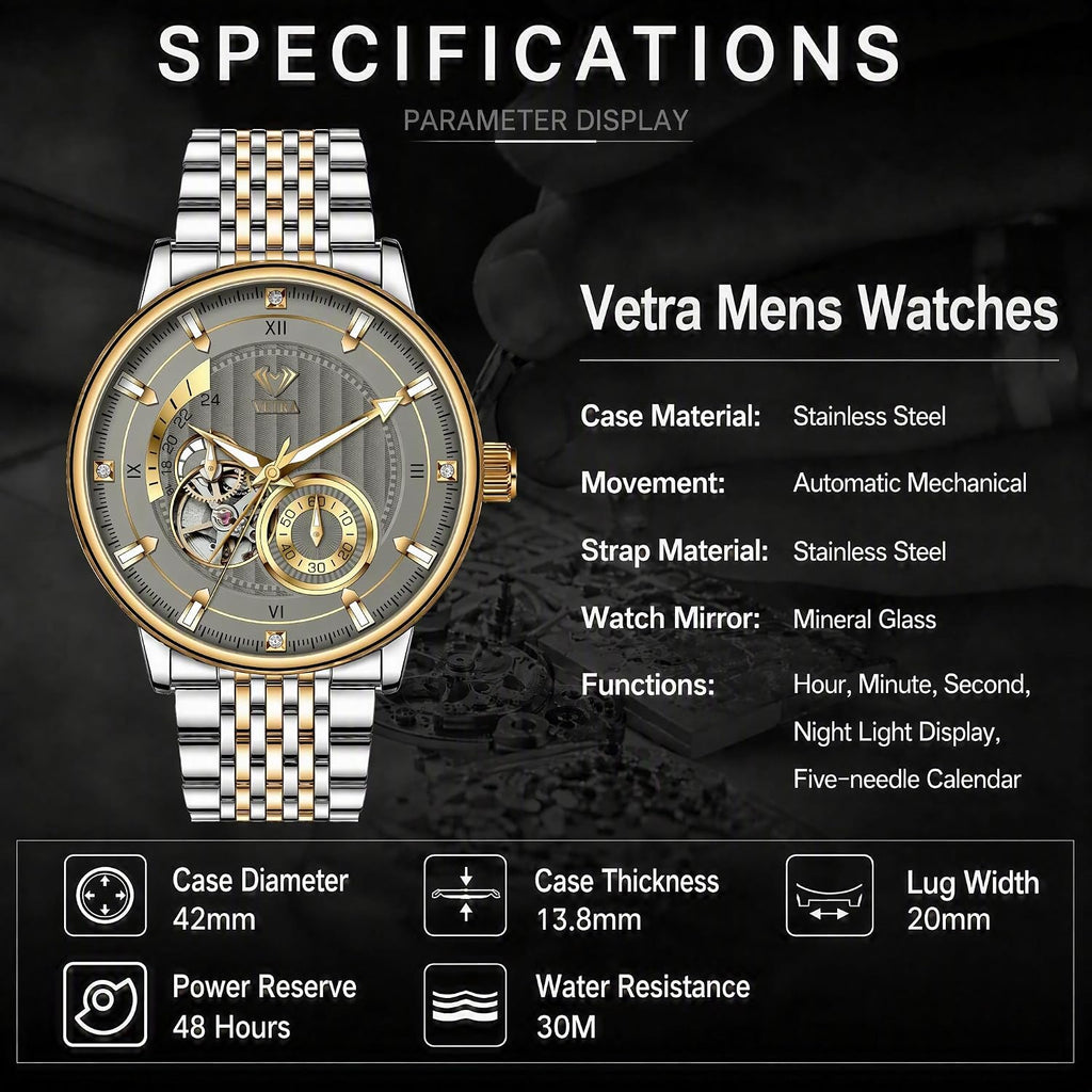Vetra Relojes automáticos de lujo para hombre Waterpoof Dress Reloj de