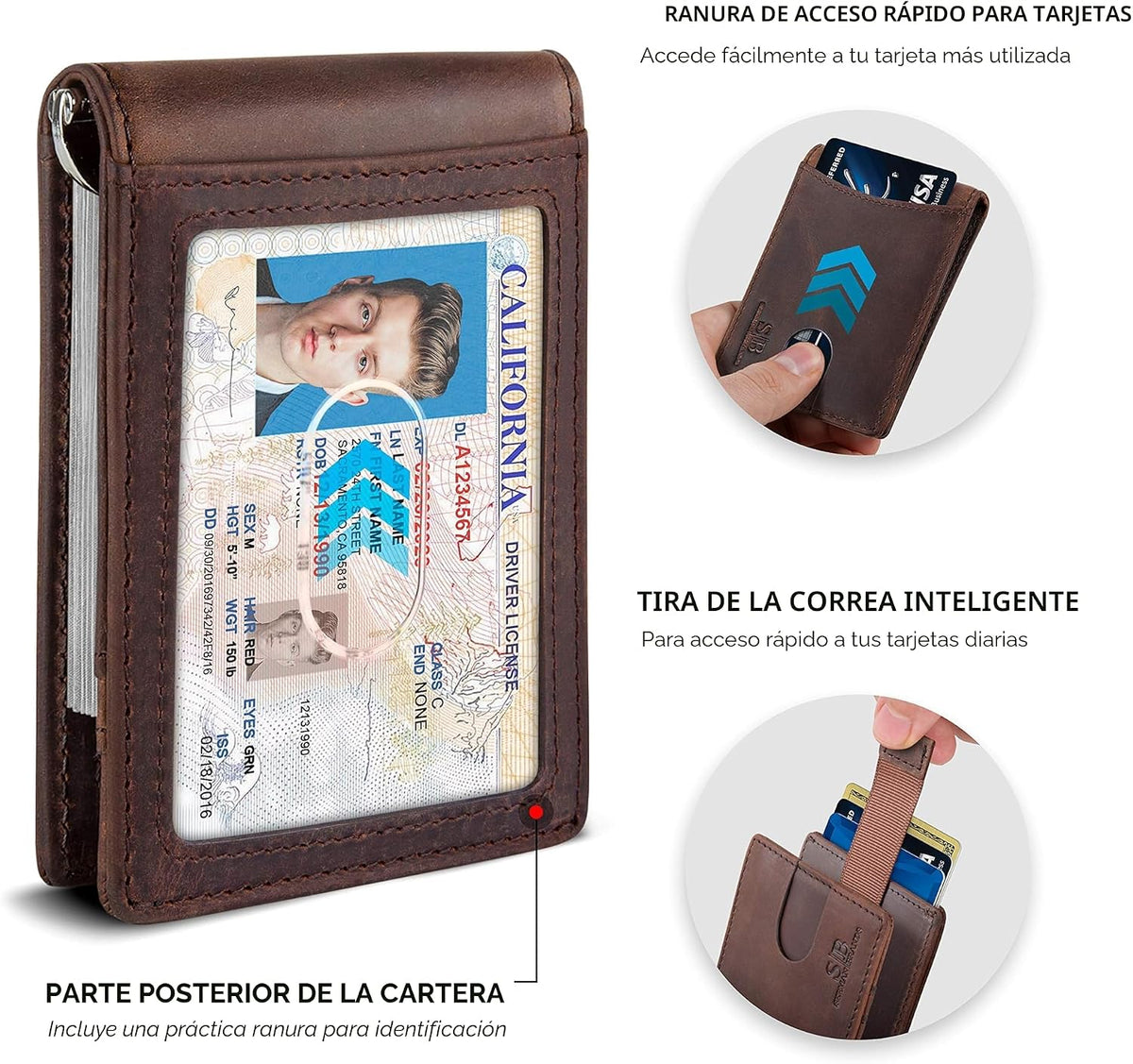 SERMAN BRANDS RFID Blocking Cartera Bifold Delgado de Cuero Genuino Minimalista para Hombre con Clip para Billetes Delgado para Regalo
