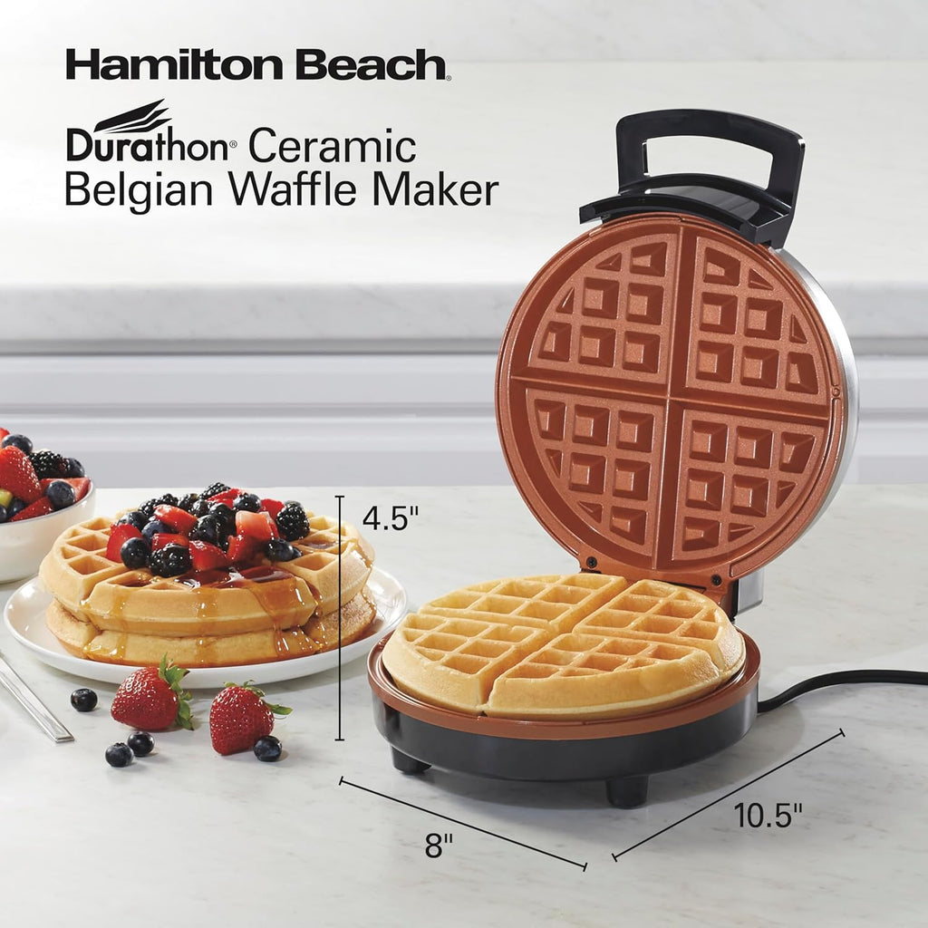 Hamilton Beach - Gofrera belga con placas antiadherentes recubiertas de cerámica libres de PFAS, control de dorado, luces indicadoras, acero inoxidable (26081)