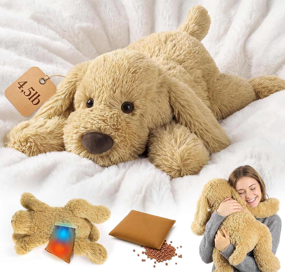 Animales de peluche con peso de perro de 24 pulgadas | 4.5 libras para niños y adultos, funda lavable a máquina, animal de peluche apto para microondas sin perfume, peluches con peso calentables y
