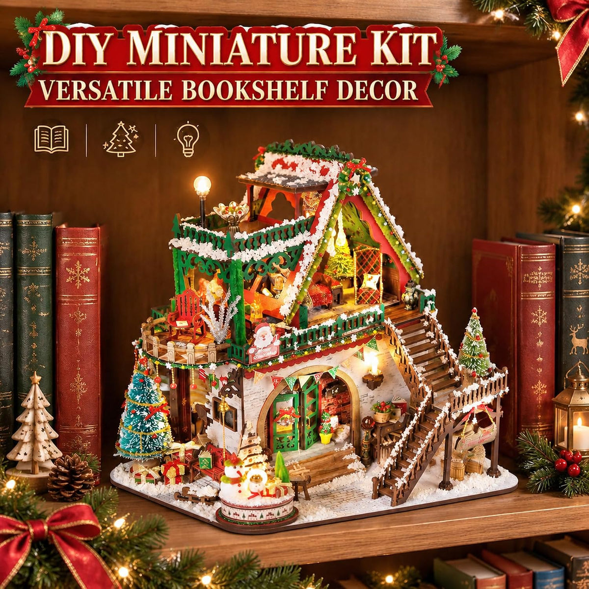 SUNNINO Kit de rincón de libro de casa de muñecas en miniatura de Navidad