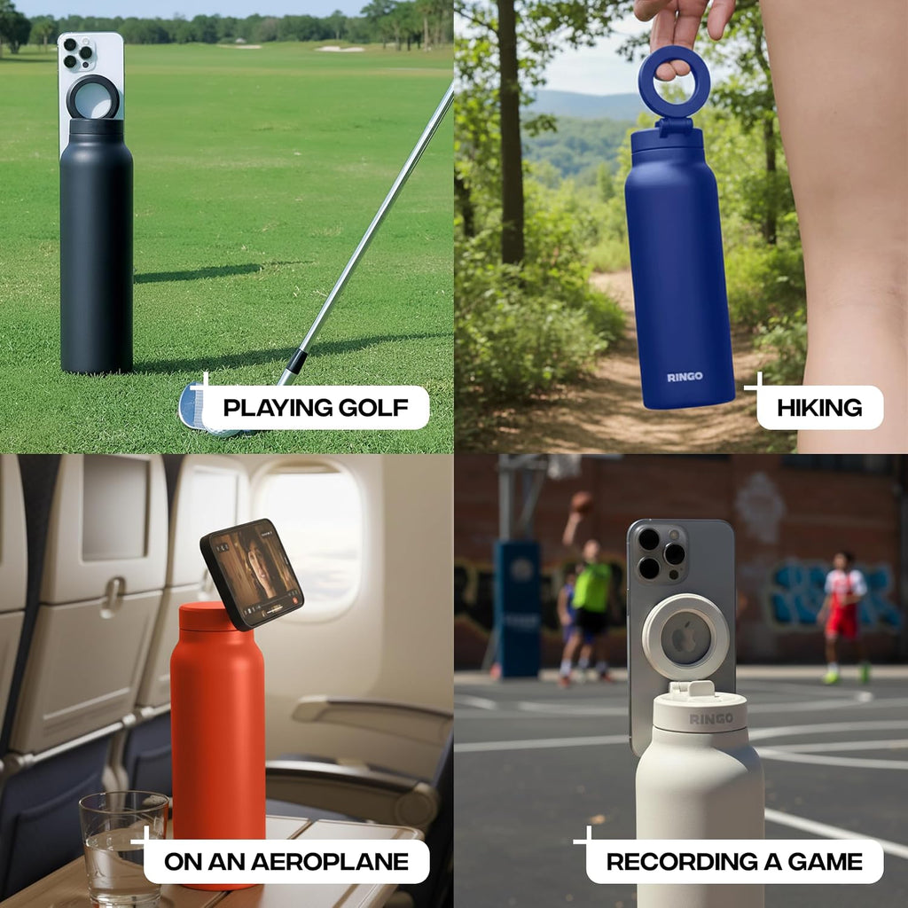 RINGO PRO Botella de agua aislada, soporte magnético para trípode para teléfono, negro, 24 onzas