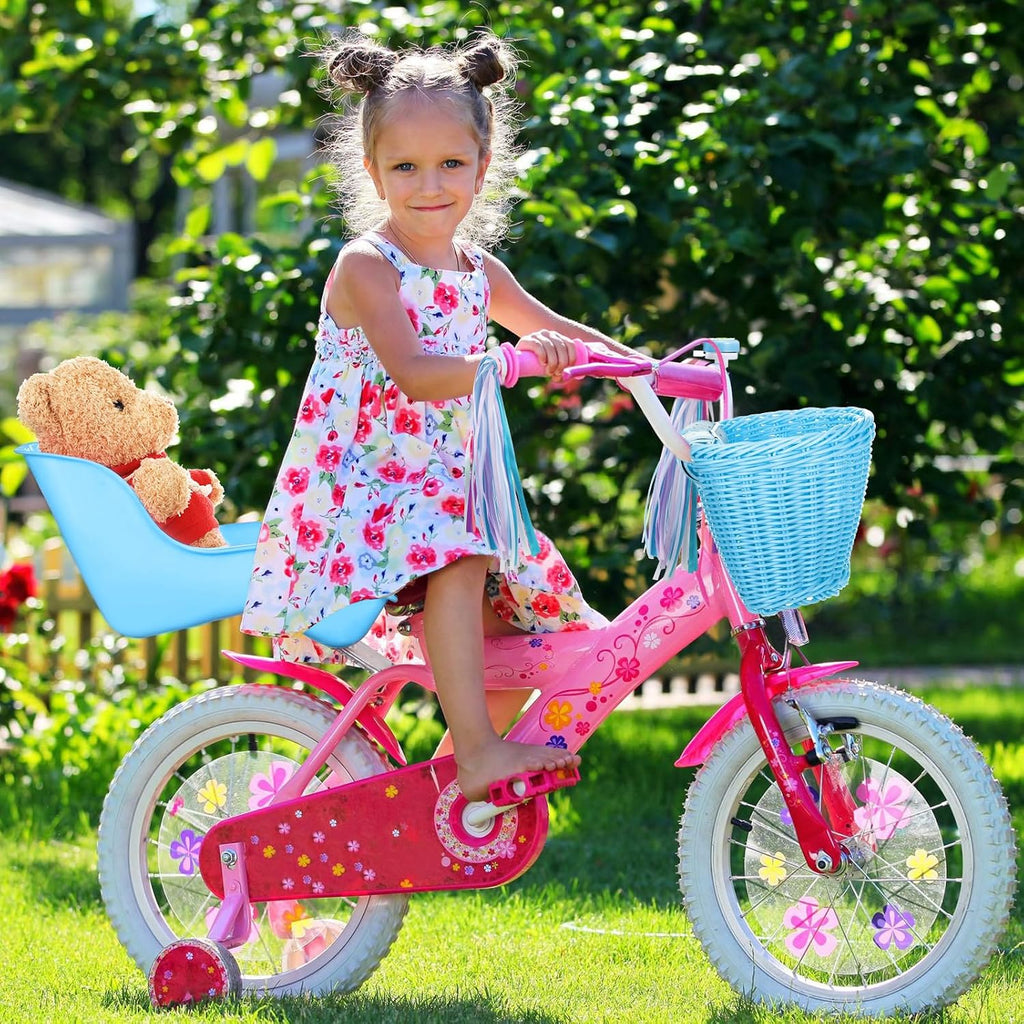 Asiento de bicicleta de muñeca con 30 calcomanías de calcomanías, cesta de bicicleta para niños, manillar de bicicleta, cintas coloridas, borla, margarita, campana de bicicleta para niñas
