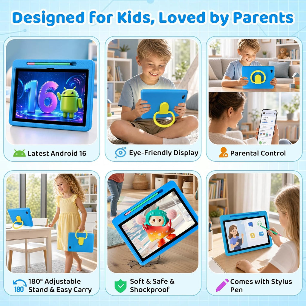 Tablet para niños Android 16 HD de 10 pulgadas con lápiz y funda, 24GB RAM 64GB ROM 1TB