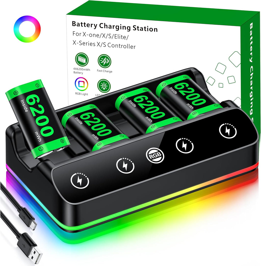 DINOSTRIKE Paquete de 4 baterías de 6200 mWh compatibles con estación de carga del controlador Xbox One/Series S/X. Cable USB C extendido: batería recargable para Xbox