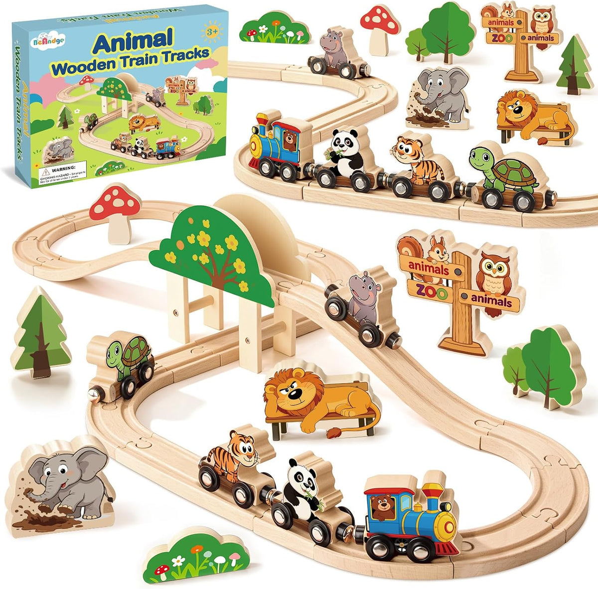 BeAndge Juego de tren de madera de animales, juego de pista de tren para