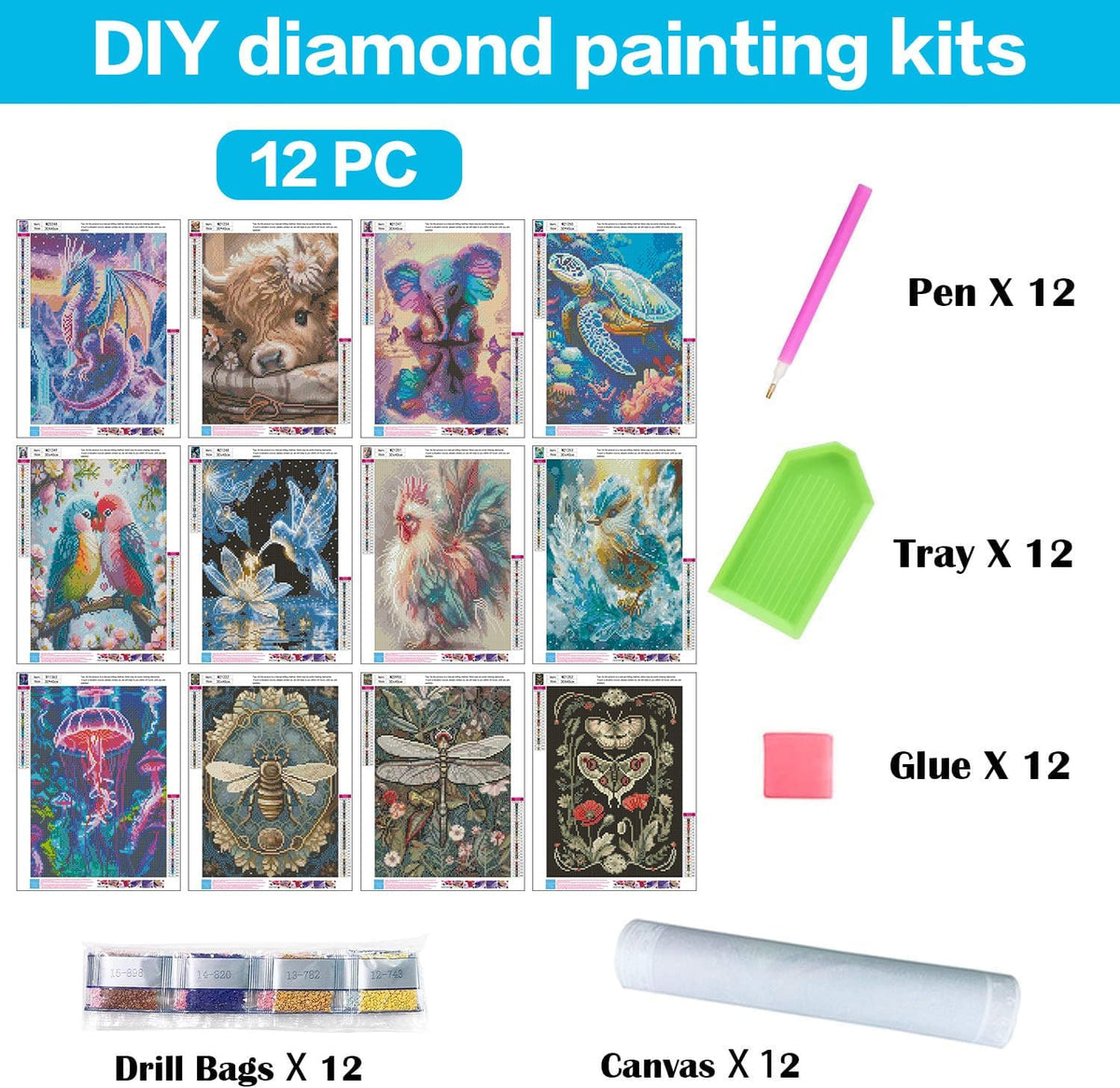 Paquete de 12 kits de arte de diamantes para adultos, animales, kit de pintura de diamantes de 12 x 16 pulgadas