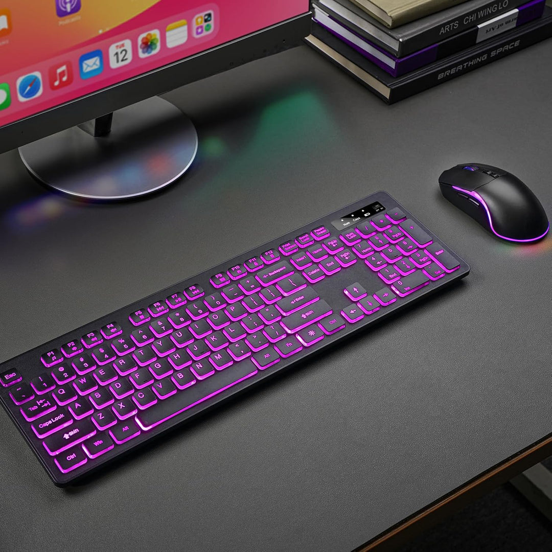 Teclado y mouse iluminados inalámbricos, brillo y color ajustables,...