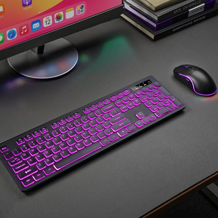 Teclado y mouse iluminados inalámbricos, brillo y color ajustables,...