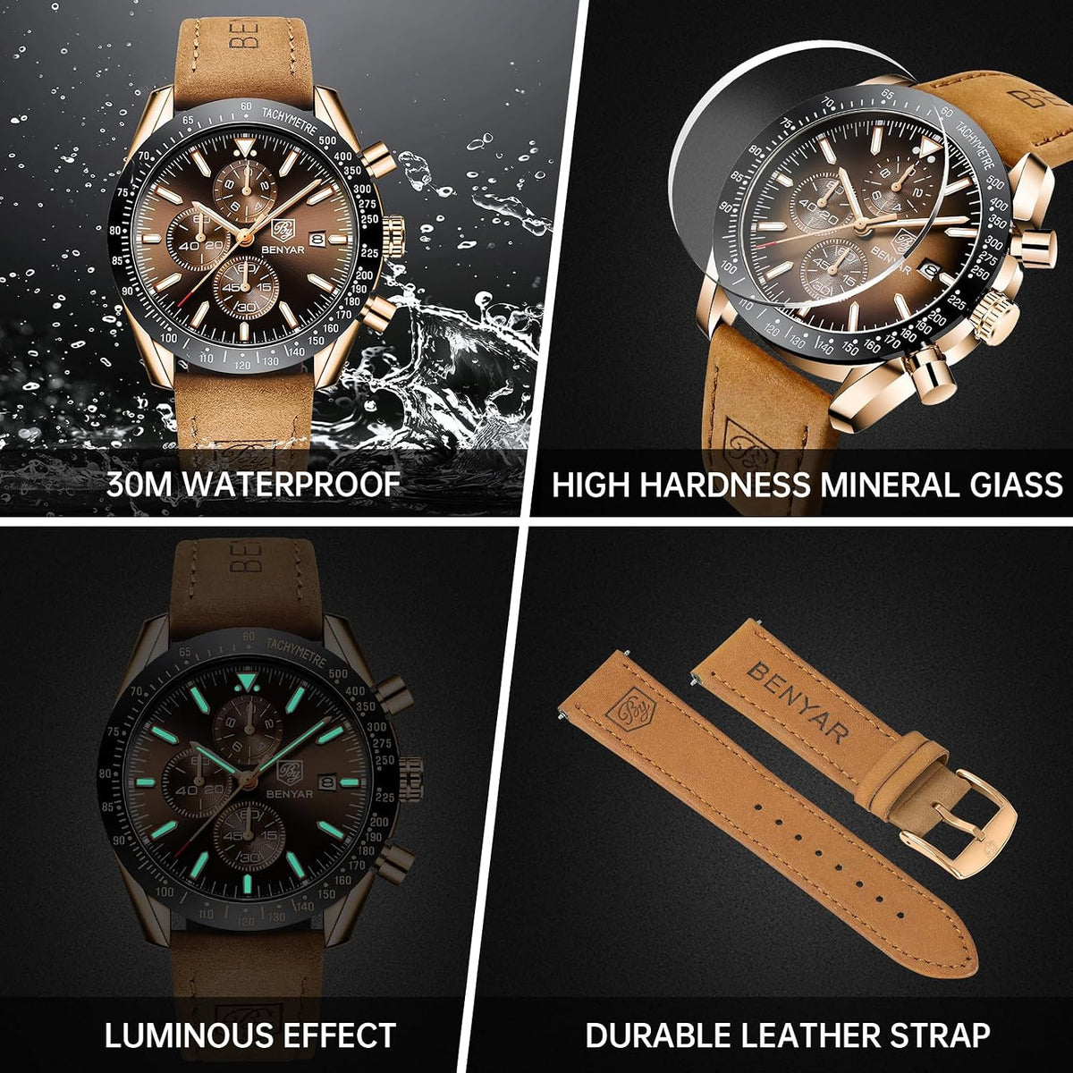 BENYAR Relojes de pulsera para hombre, cronógrafo analógico, de cuarzo, impermeables, para negocios, trabajo, casual, deportivo, con calendario