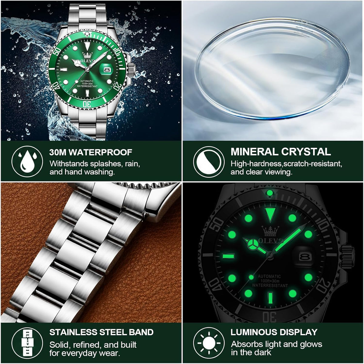 OLEVS Reloj automático para hombre, esfera grande, acero inoxidable, automático