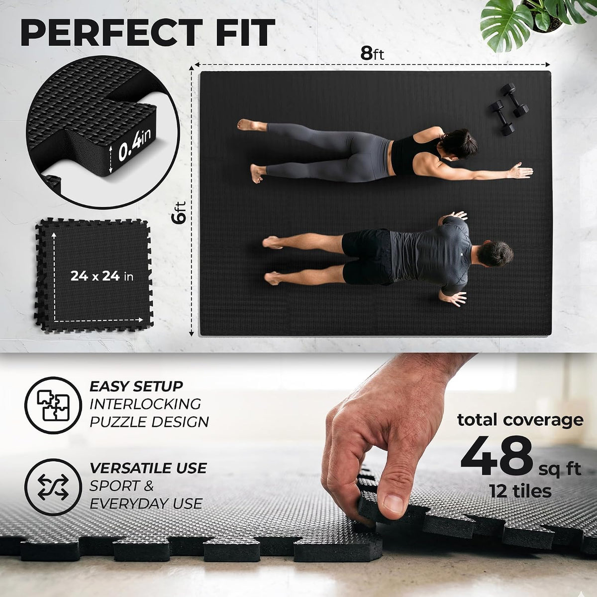 bemaxx Juego de alfombrillas de gimnasio – 12 piezas de baldosas de espuma EVA entrelazadas (24.4 x 24.4 x 0.4 pulgadas) 48 pies cuadrados protectores para el gimnasio, para deportes, hogar