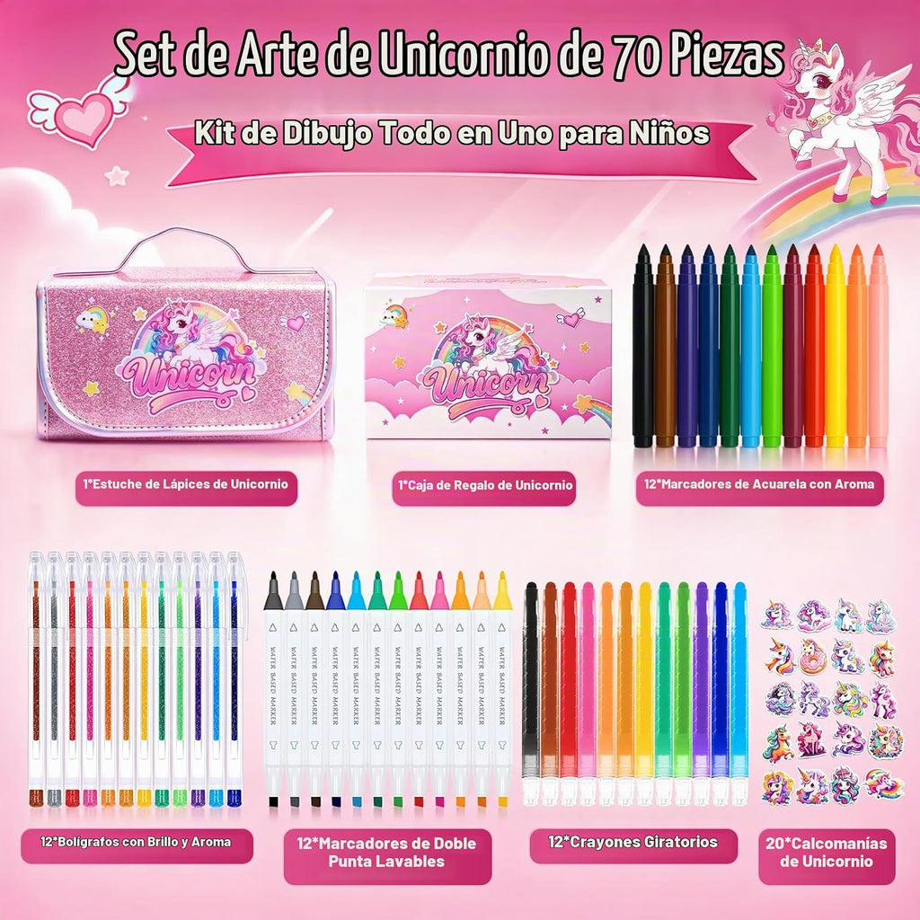 DreamyCandy Juego de 70 marcadores lavables para niños de 4 a 8 años, set de arte de unicornio para regalos