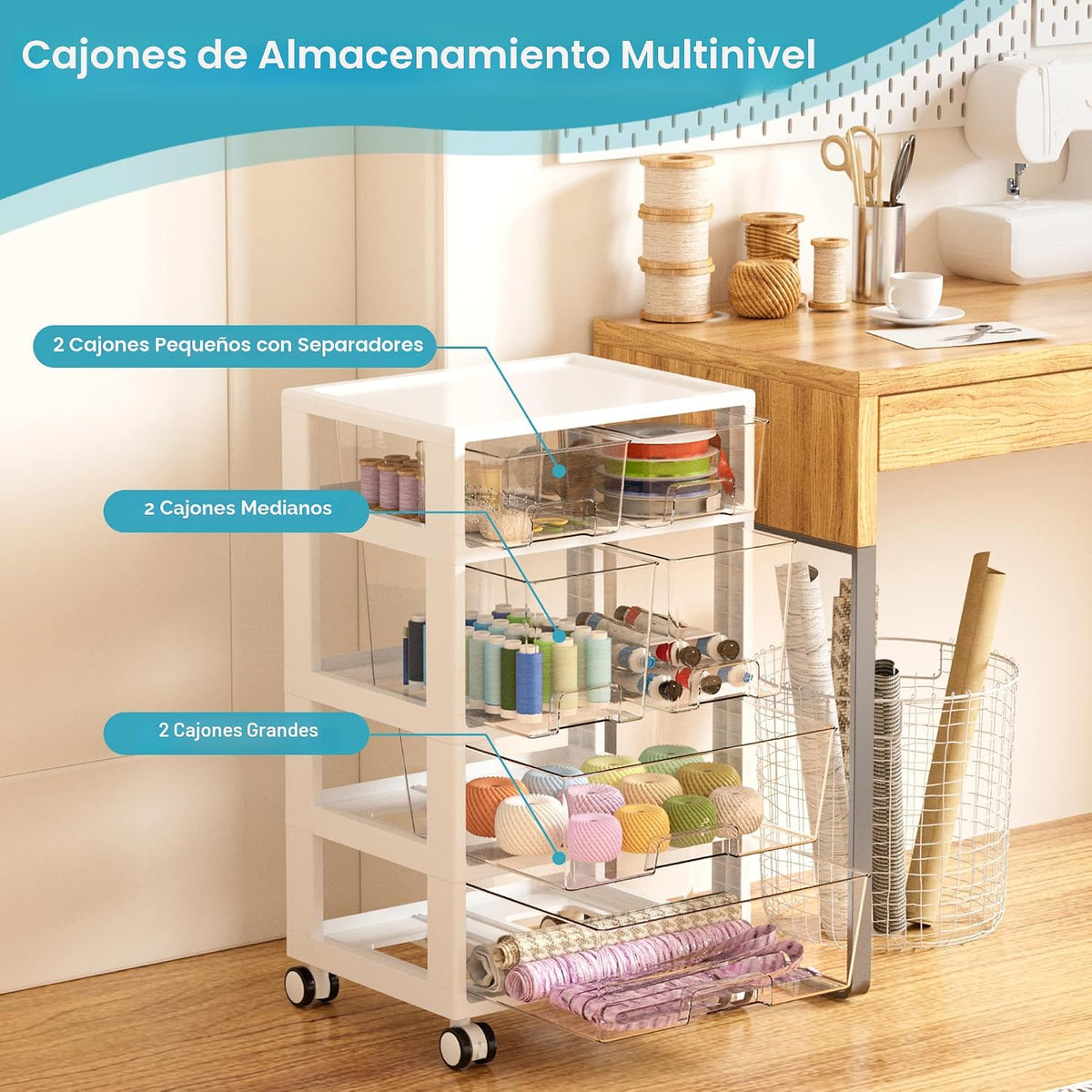 Organizador de Cajones Vtopmart, 4 niveles 6 cajones con ruedas