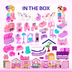 Casa de muñecas con 4 princesas, 4 unicornios, perro, muebles y accesorios – Casa de muñecas de ensueño rosa y morado juguete para niñas pequeñas – 5 habitaciones con jardín, muebles y accesorios
