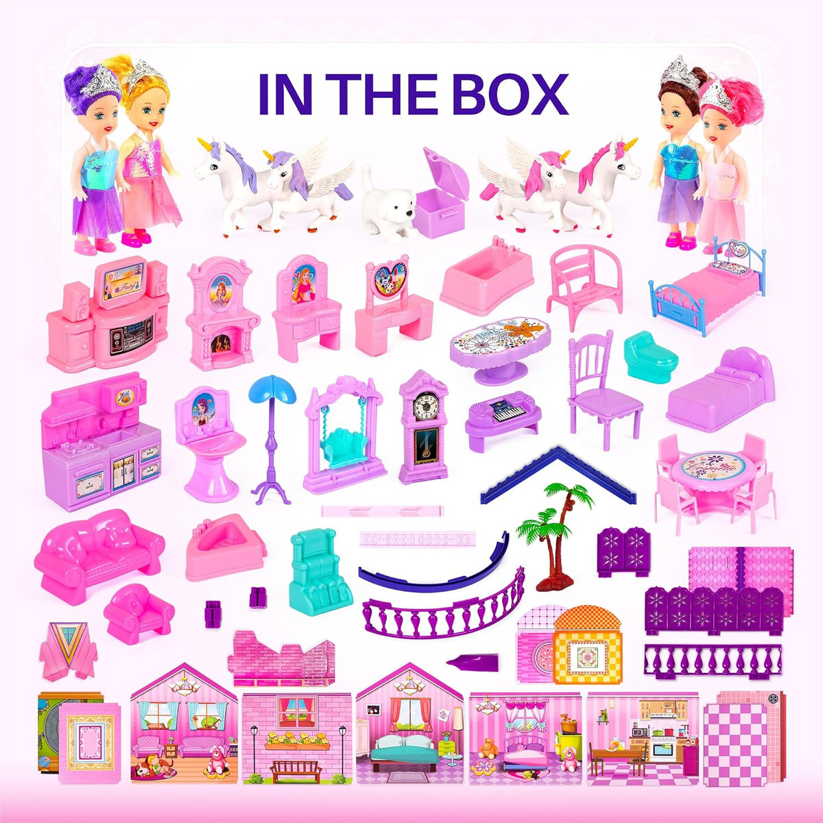 Casa de muñecas con 4 princesas, 4 unicornios, perro, muebles y accesorios – Casa de muñecas de ensueño rosa y morado juguete para niñas pequeñas – 5 habitaciones con jardín, muebles y accesorios