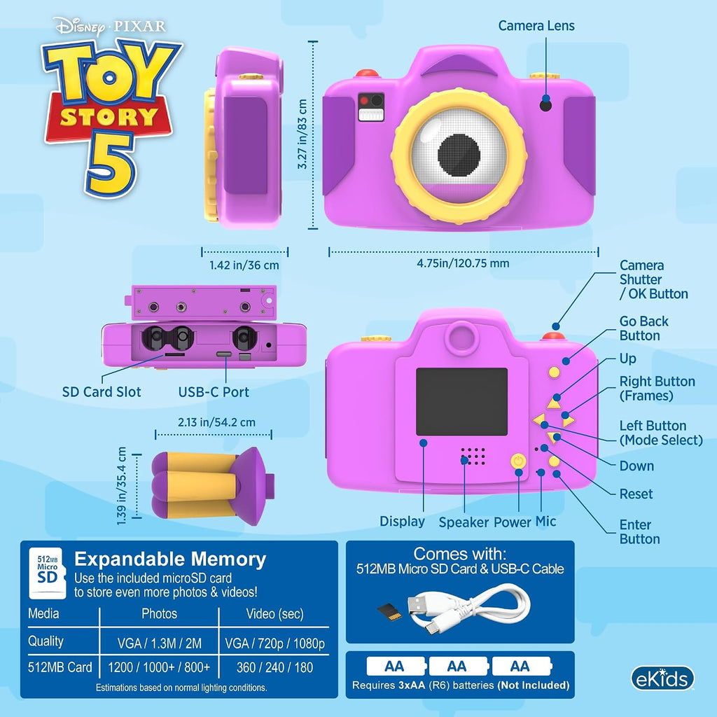 Toy Story 5 - Cámara para niños con tarjeta SD y trípode, cámara digital para niños