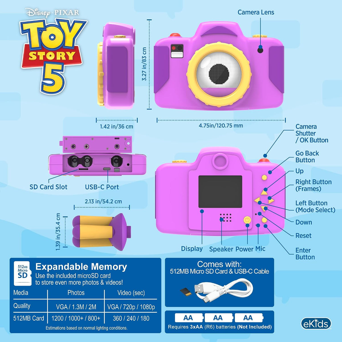 Toy Story 5 - Cámara para niños con tarjeta SD y trípode, cámara digital para niños