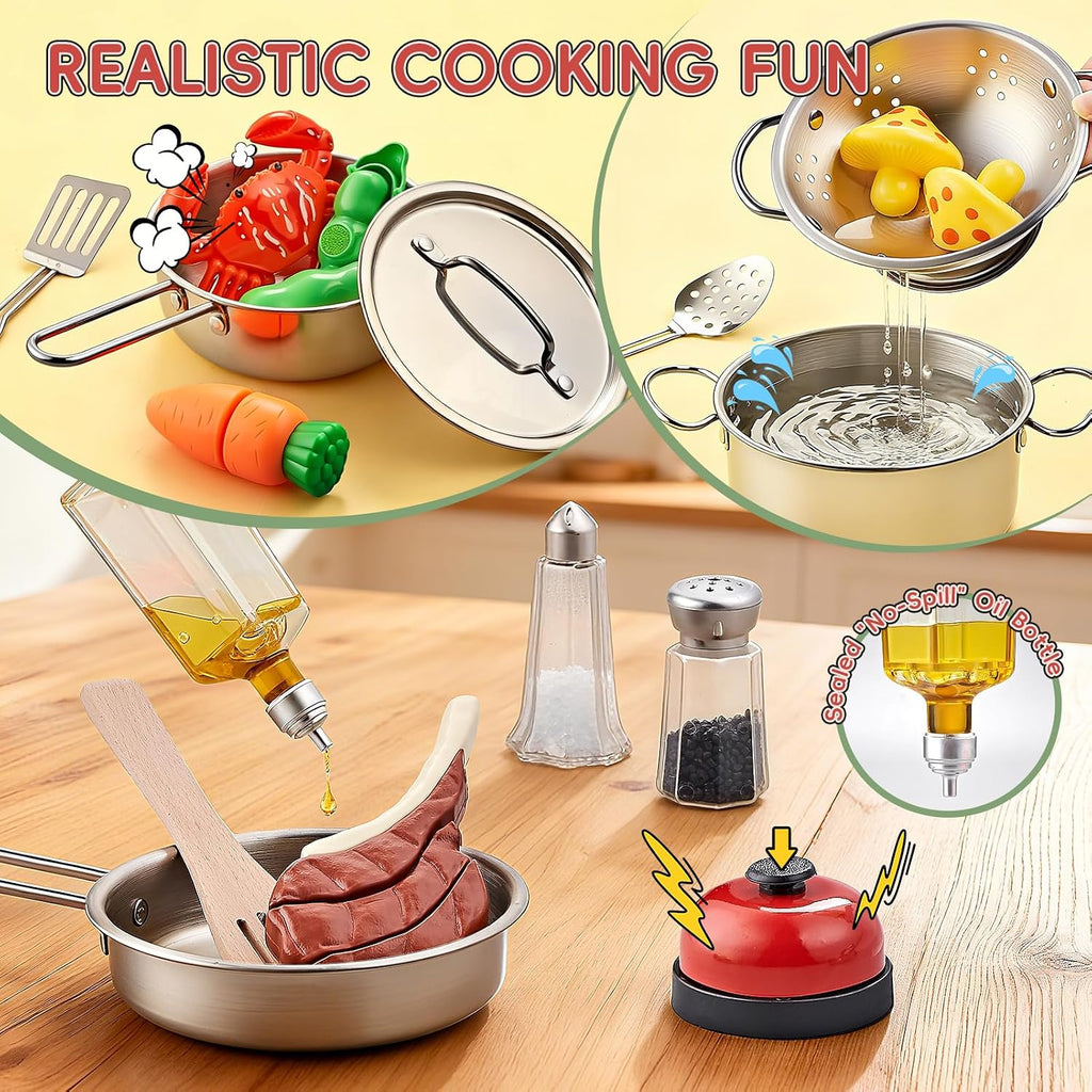 Shimirth Play Kitchen Accessories, Large Stainless Steel Kids Cooking Set