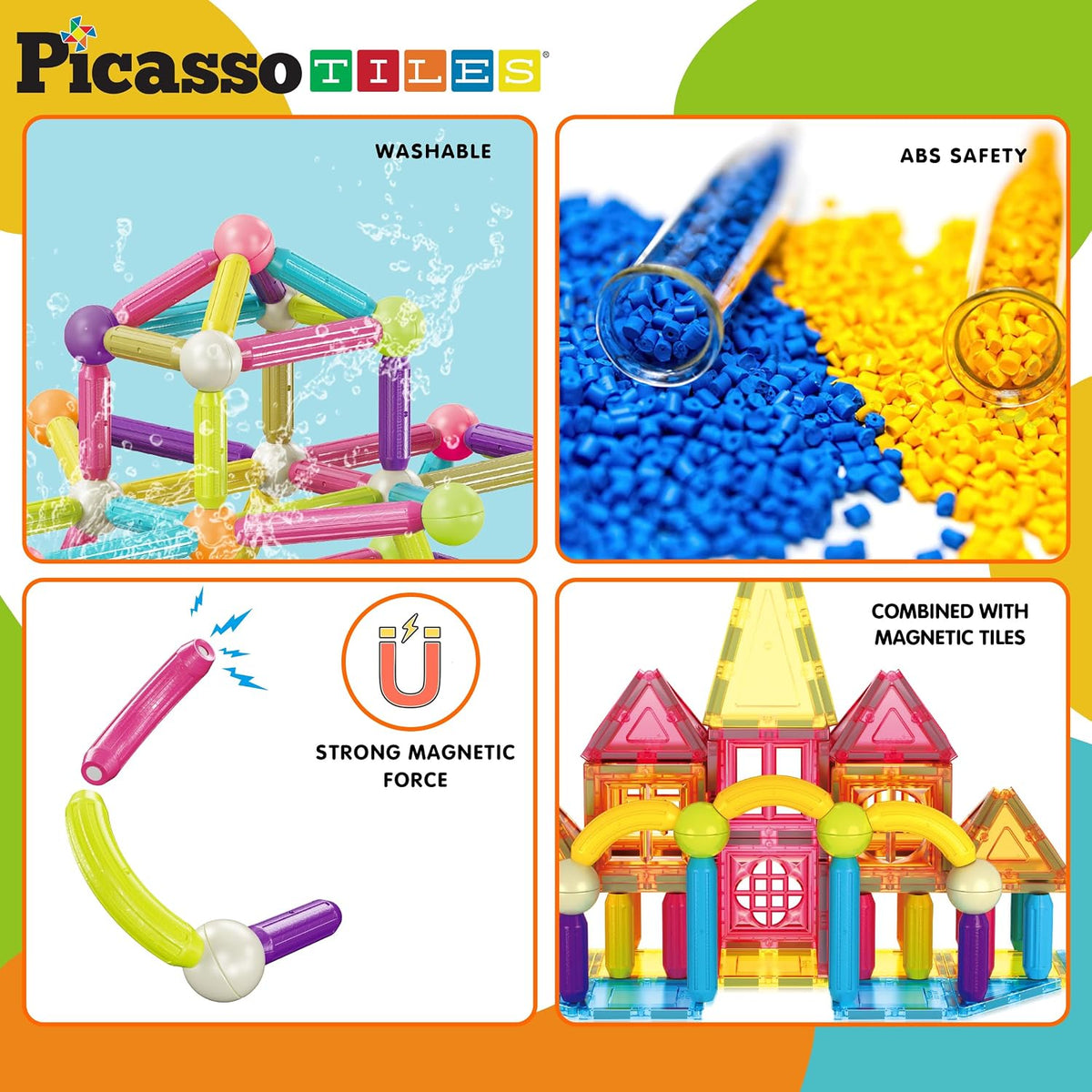 PicassoTiles 82 piezas de palos magnéticos y azulejos magnéticos de construcción de bloques de construcción para niños pequeños, bolas magnéticas de juguete de aprendizaje STEM y más de 3 años para niños y niñas de educación temprana