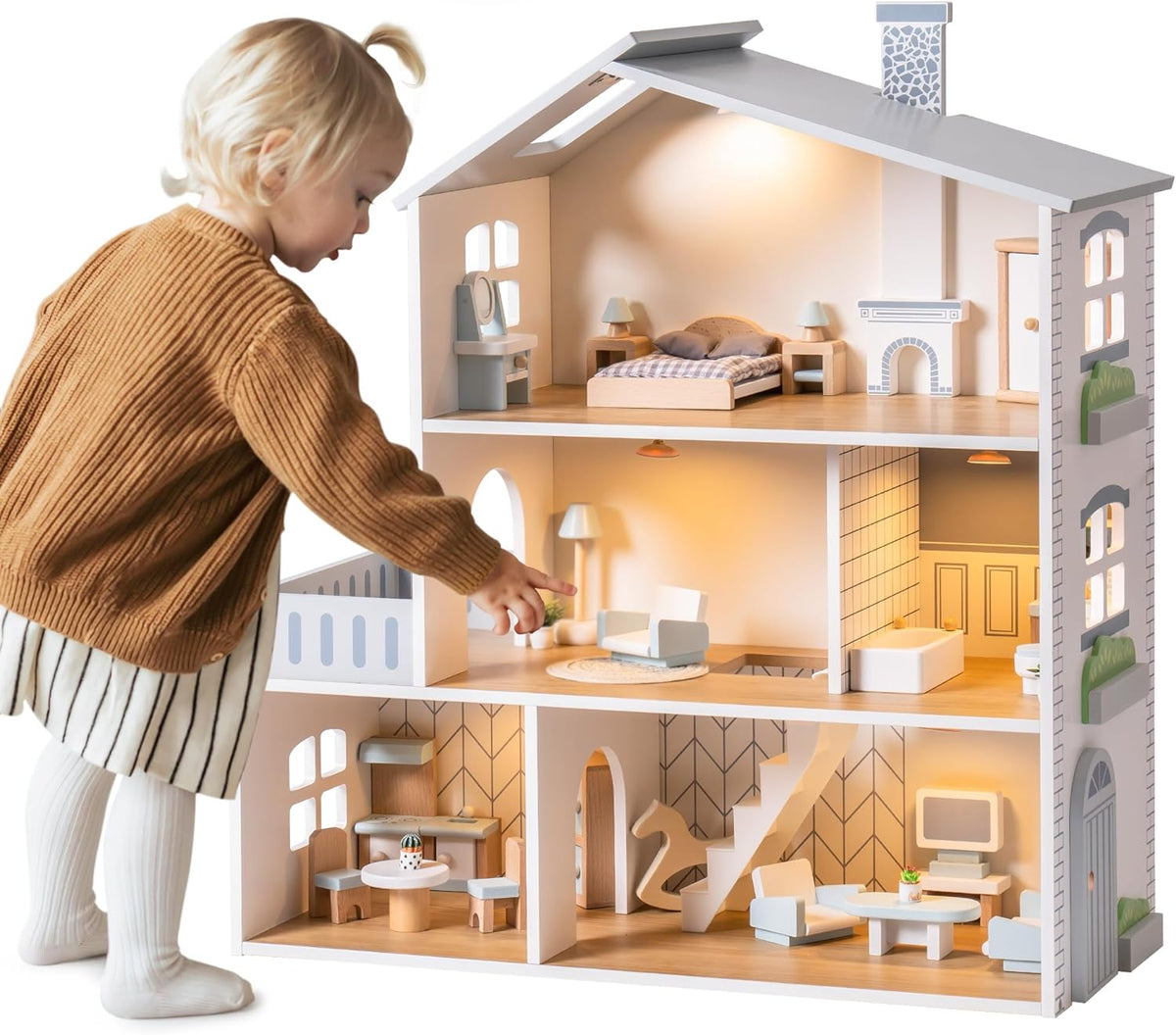 ROBUD Casa de Muñecas, Casa de Muñecas de Madera con 6 Habitaciones, 29 Piezas de Accesorios Realistas, Juego de Casa de Muñecas para Muñecas de 4-6 Pulgadas, Regalos para Niños y Pequeños, Estilo