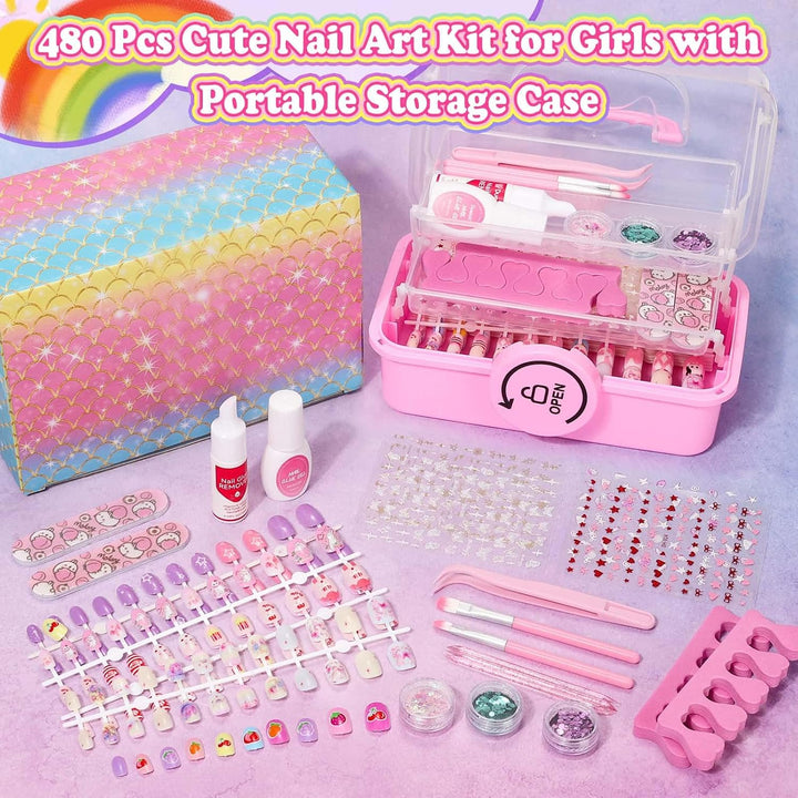 480 Piezas de Uñas y Pegamento para Niños, Kit de Arte de Uñas Pres...