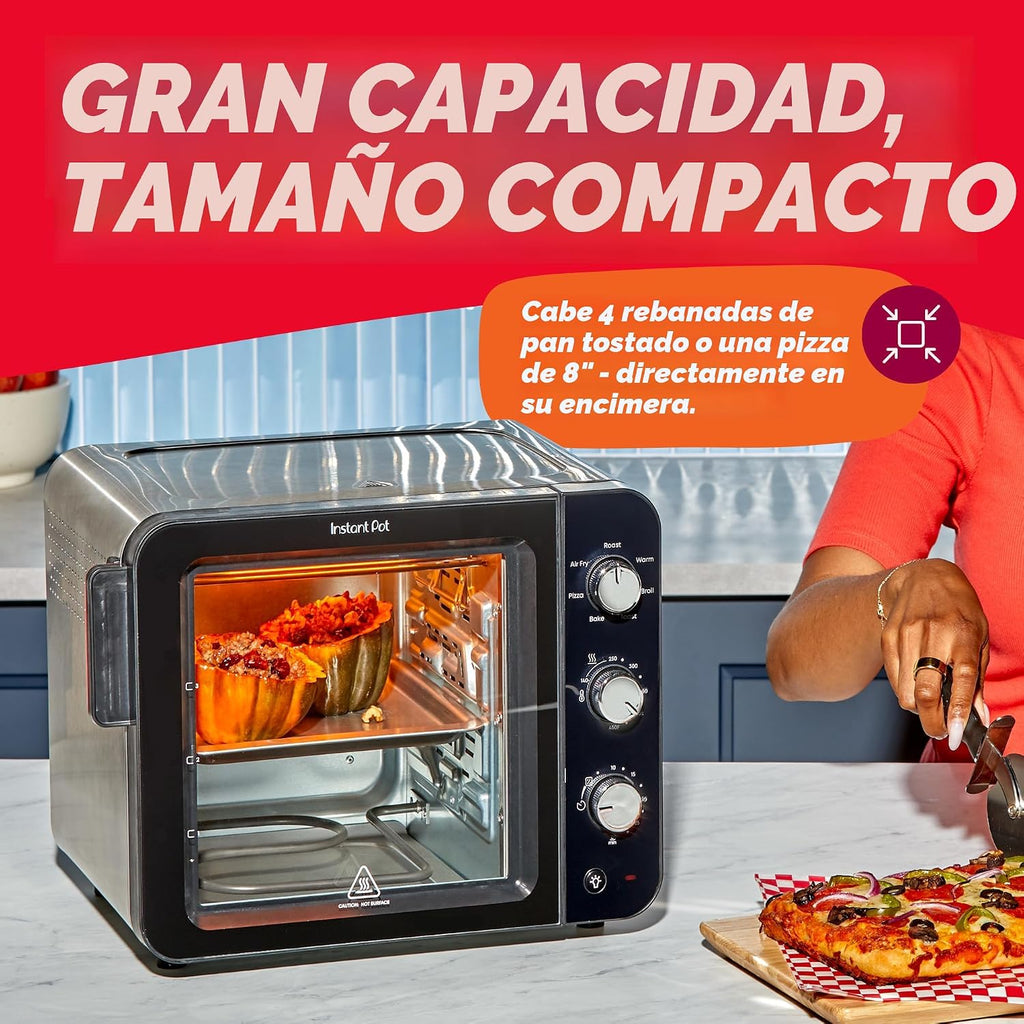 Instant Pot No requiere precalentamiento* Horno tostador con freidora de aire de 4 rebanadas con tecnología InstantHeat, 7 en 1, freír al aire, hornear, tostar, asar, asar, calentar y hacer pizza