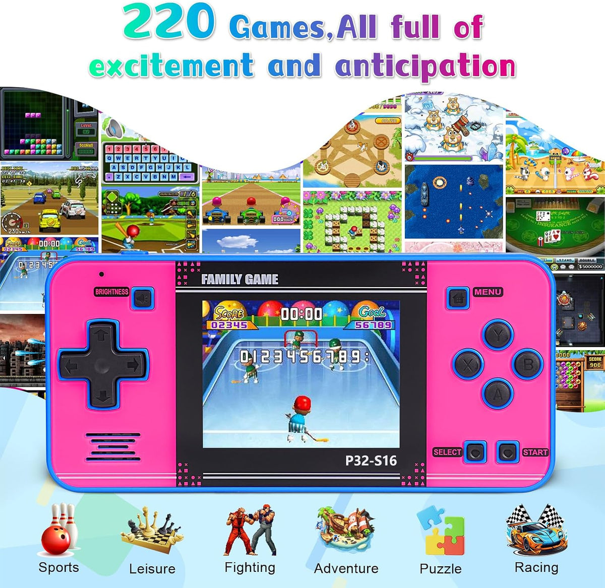 Juego de mano para niños, 220 videojuegos de 32 bits integrados, pantalla IPS de 3.0 pulgadas, juego portátil recargable, mini arcade de viaje, juguetes electrónicos de regalo para niños