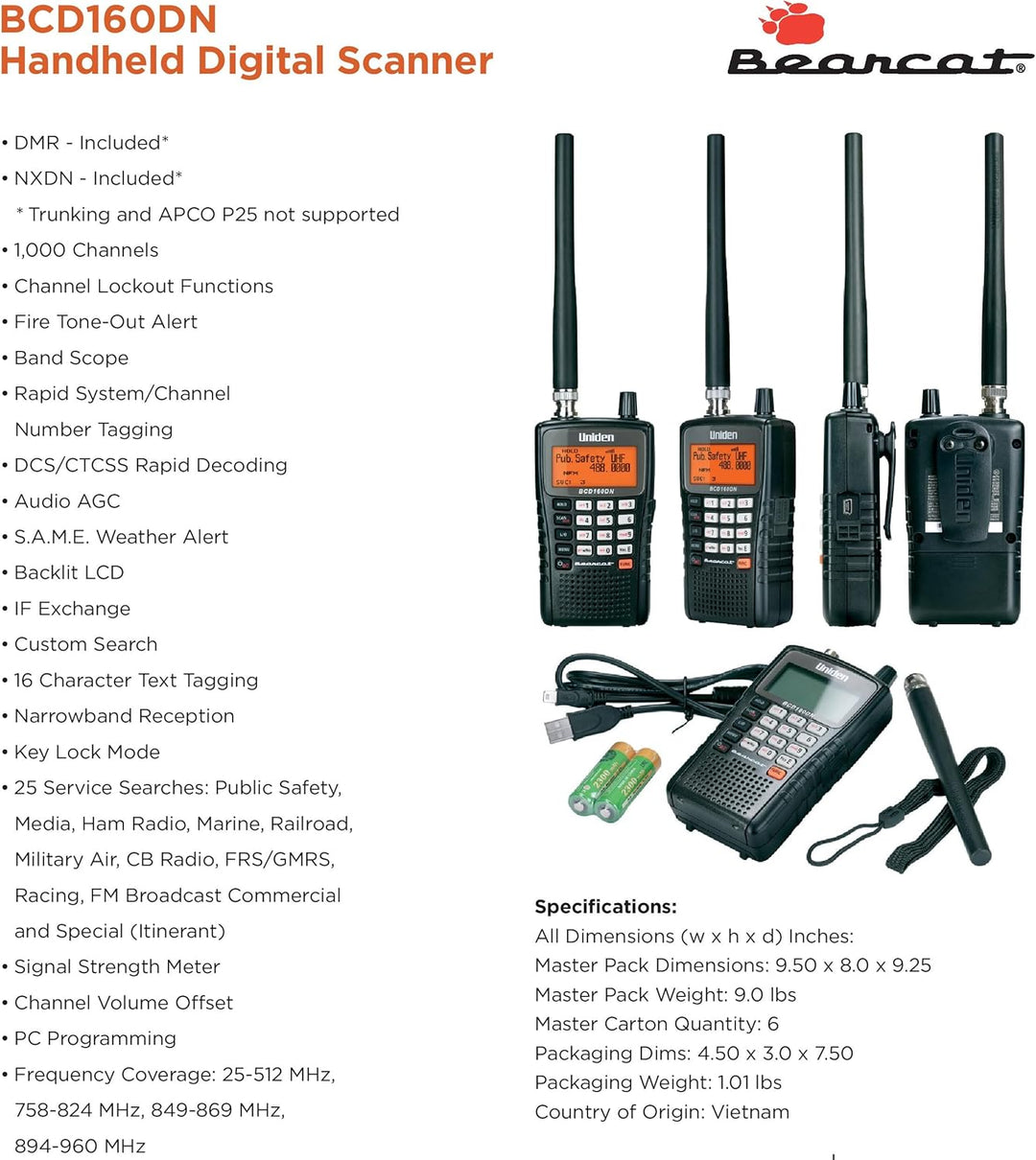 Uniden Bearcat - Escáner digital portátil BCD160DN