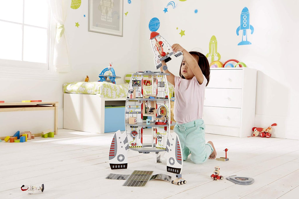 Hape Juego de Nave Cohete de Cuatro Etapas para Niños Pequeños | Un Juguete de Nave Espacial de Madera con Diseños de Transbordador Espacial de la Vida Real