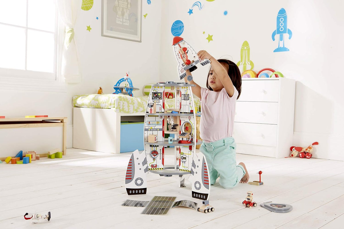 Hape Juego de Nave Cohete de Cuatro Etapas para Niños Pequeños | Un Juguete de Nave Espacial de Madera con Diseños de Transbordador Espacial de la Vida Real