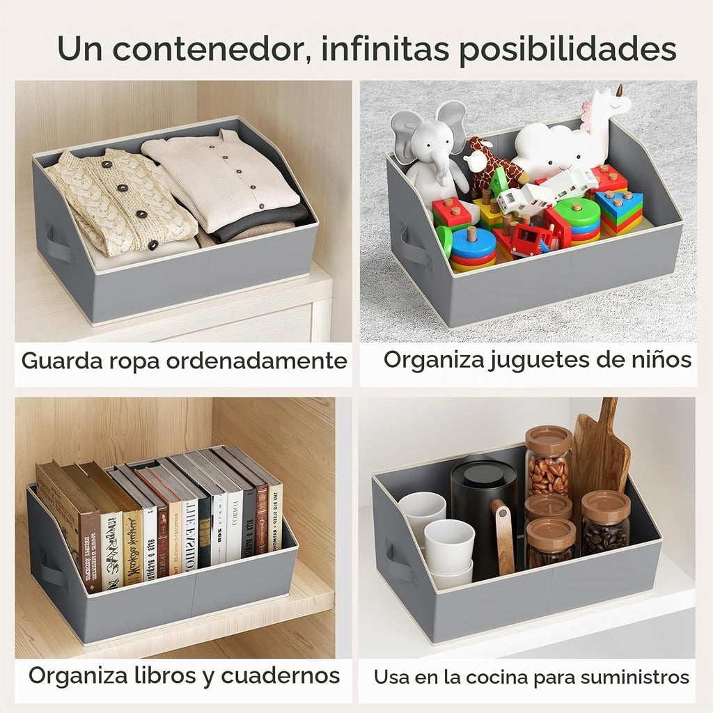 Organizadores de Closet Grandes y Cestas de Almacenamiento - Pack de 6 Cestas Trapezoidales para Estantes, Cestas de Tela Plegables con Asas Ideal para Closet, Cesta, Armario y Almacenamiento en Estantería, Gris