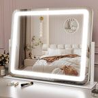 ROLOVE Espejo de tocador grande con luces, espejo de maquillaje iluminado de 22 x 17 pulgadas para escritorio, 3 luces LED regulables de color, control táctil inteligente y rotación de 360° (blanco)