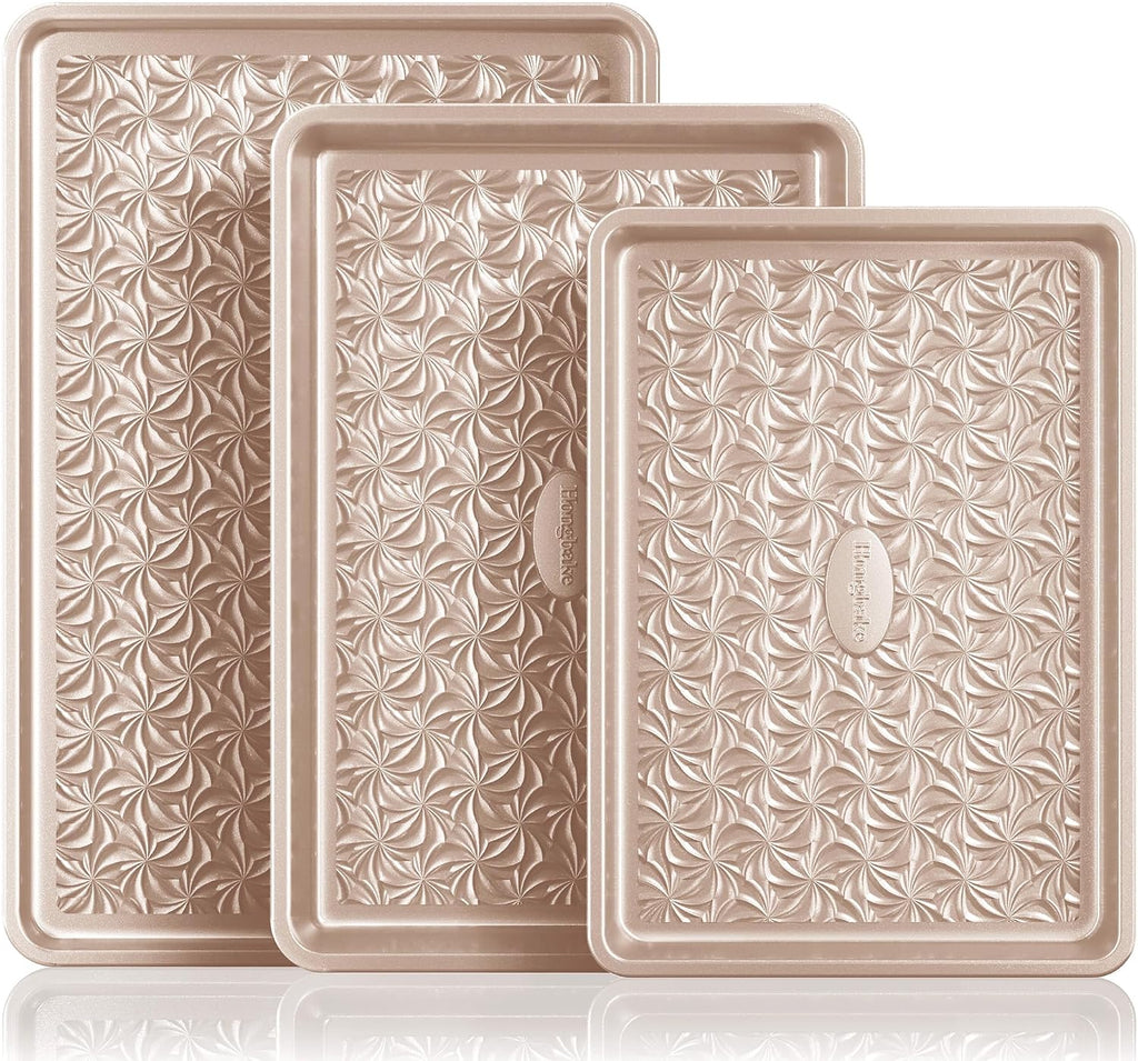 Juego de 3 bandejas antiadherentes para horno, bandejas de horno no tóxicas de medio cuarto/gelatina con textura de remolino floral, bandejas de horno resistentes de 0.031 in de grosor para