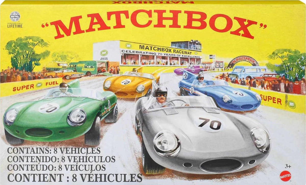 Matchbox Cars, juego de 8 autos fundidos a presión en escala 1:64 con decoraciones de primera calidad, incluyendo 1 vehículo exclusivo, neumáticos de agarre verdadero, acabado en tono platino