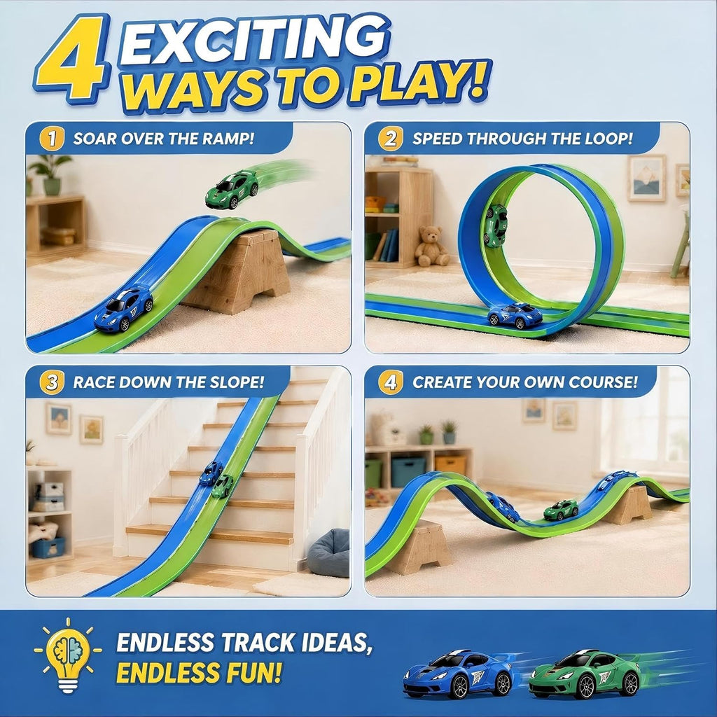 Pistas flexibles de 15 pies de pista de carreras flexibles para niños, juego de pista de auto de bricolaje con autos de rebote 1/64, pistas de carreras enrollables portátiles con ventosas fuertes