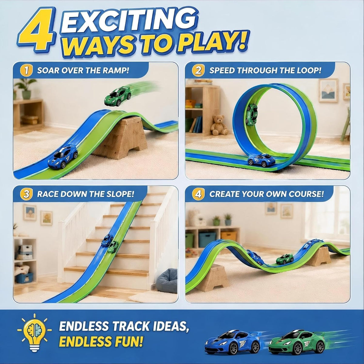 Pistas flexibles de 15 pies de pista de carreras flexibles para niños, juego de pista de auto de bricolaje con autos de rebote 1/64, pistas de carreras enrollables portátiles con ventosas fuertes