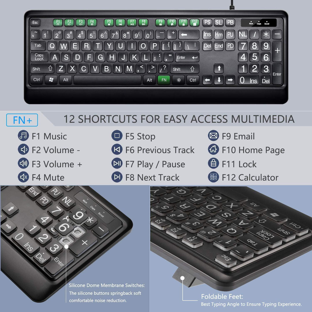 KOPJIPPOM Teclado Retroiluminado de Letras Grandes Teclado