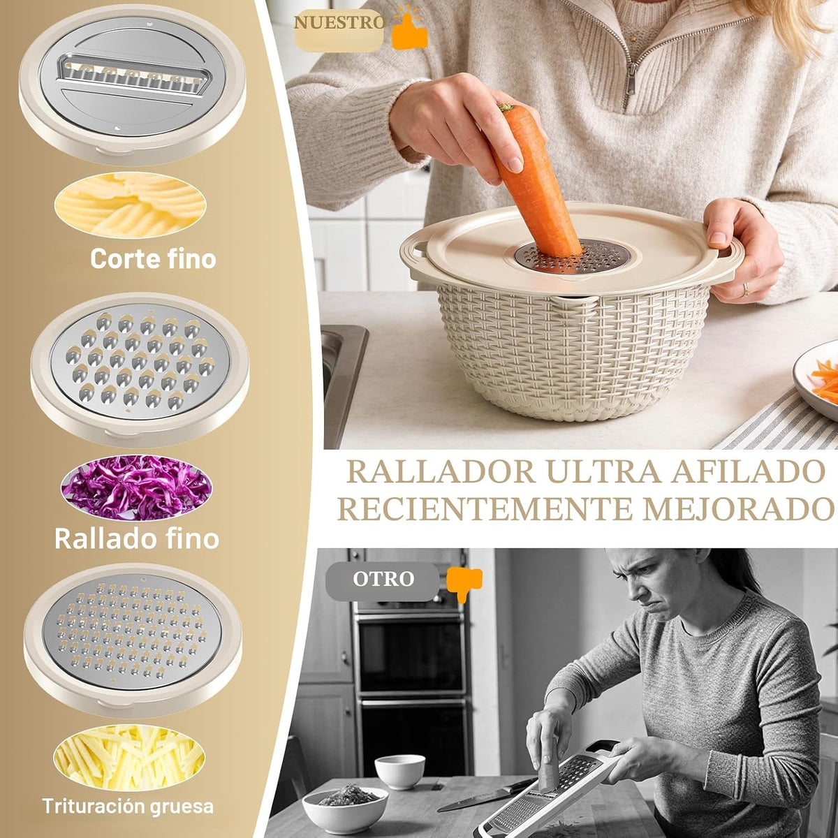 Juego de colador 4 en 1 con cuenco patentado, colador giratorio de 360°