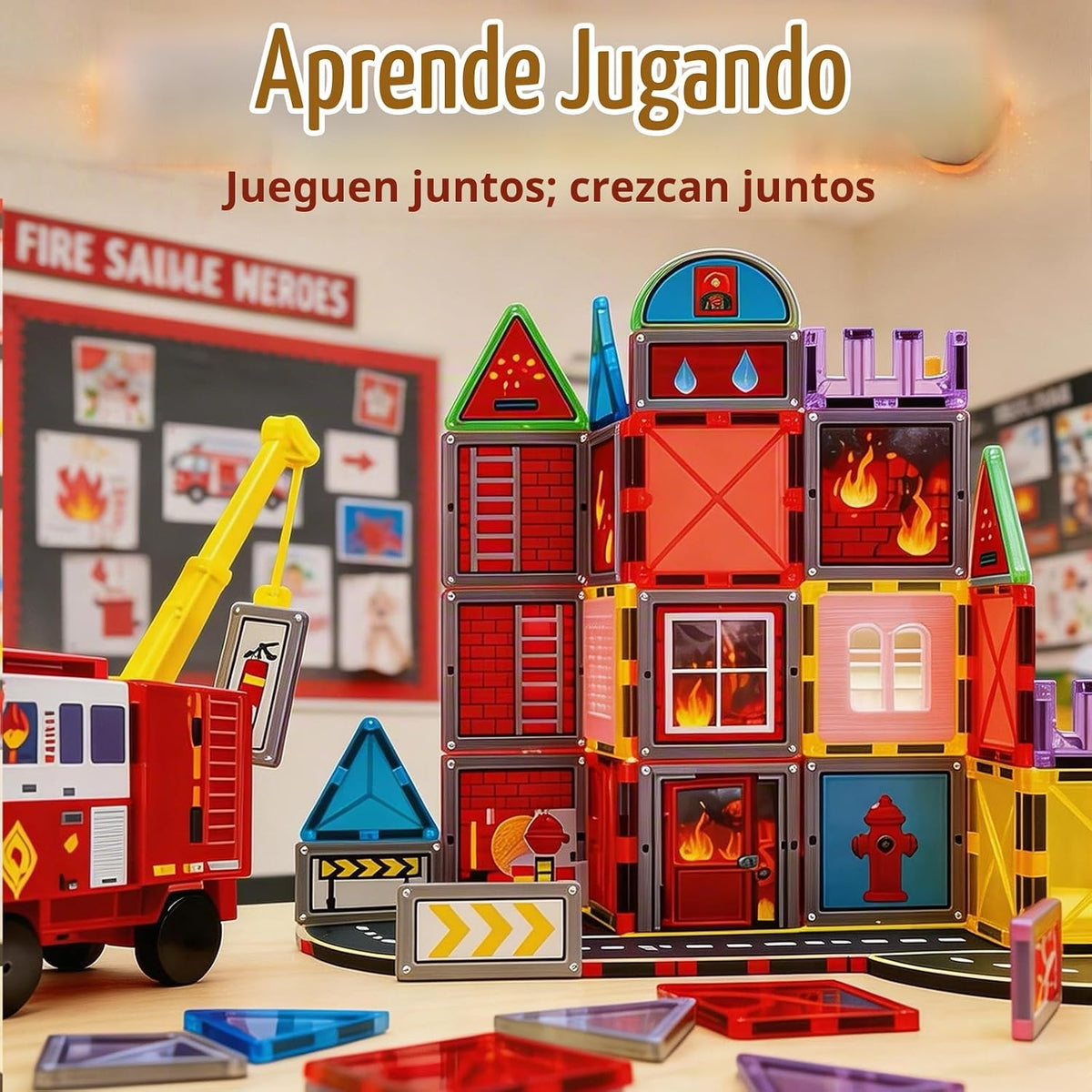 LATI Azulejos magnéticos de rescate de incendios para niños con camión de
