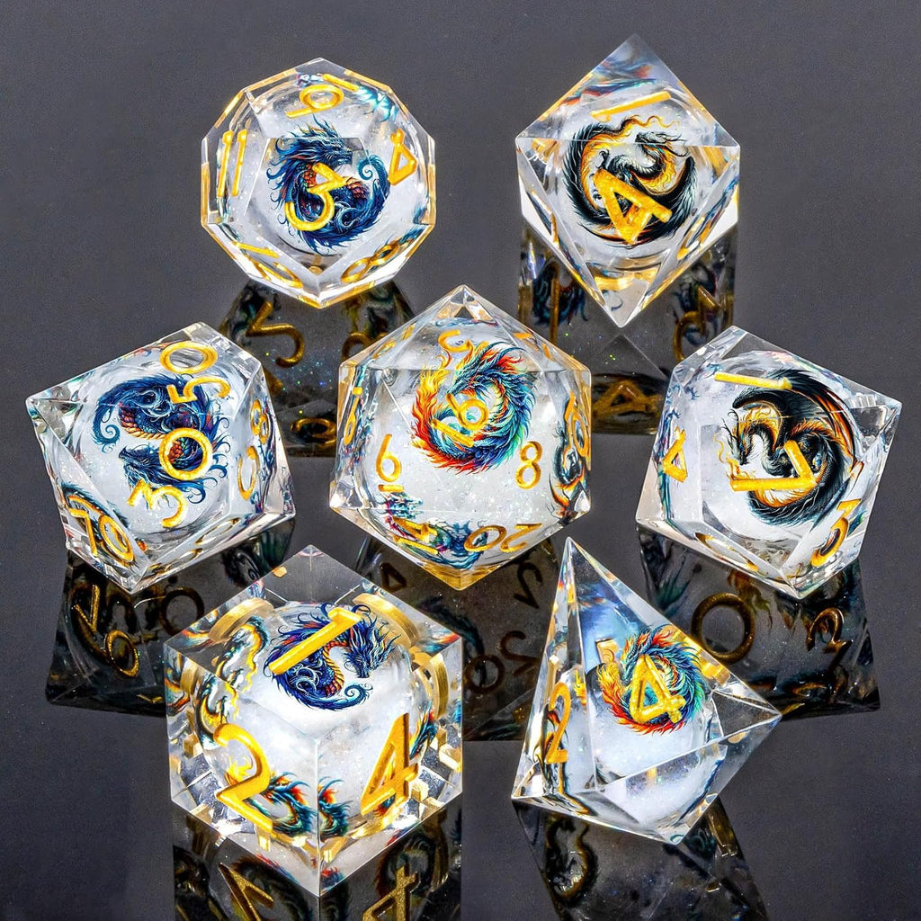Juego de dados DND de núcleo líquido con patrón de dragón, 7 dados D&D de borde afilado con caja de regalo, dados de resina blanca Dungeons Dragons D y D para juegos de rol D20 D12 D10 D8 D6 D4