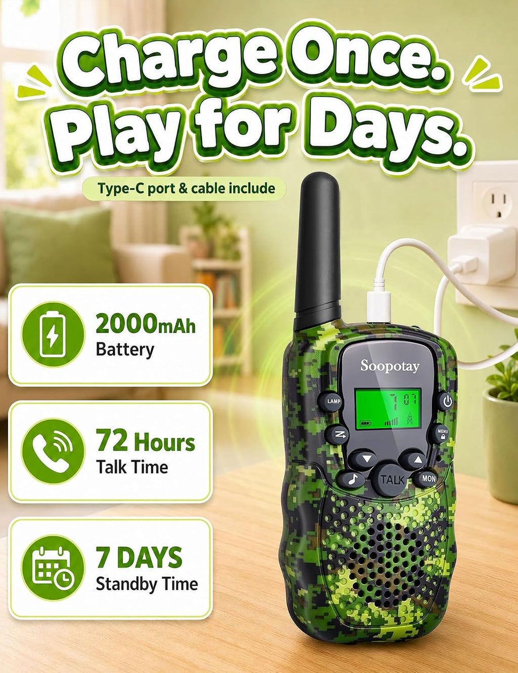 Rechargeable Walkie Talkies para Kids, Outdoor Toys Games para Kids Age 4-12