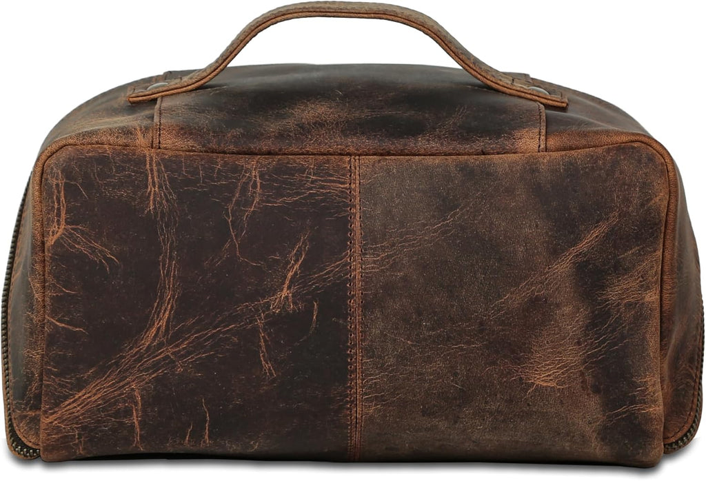KomalC Bolsa de viaje de cuero de lujo para hombre, kit de afeitado hecho a mano con amplio almacenamiento y asa de transporte, bolsa de viaje de cuero para hombres y mujeres (marrón oscuro)