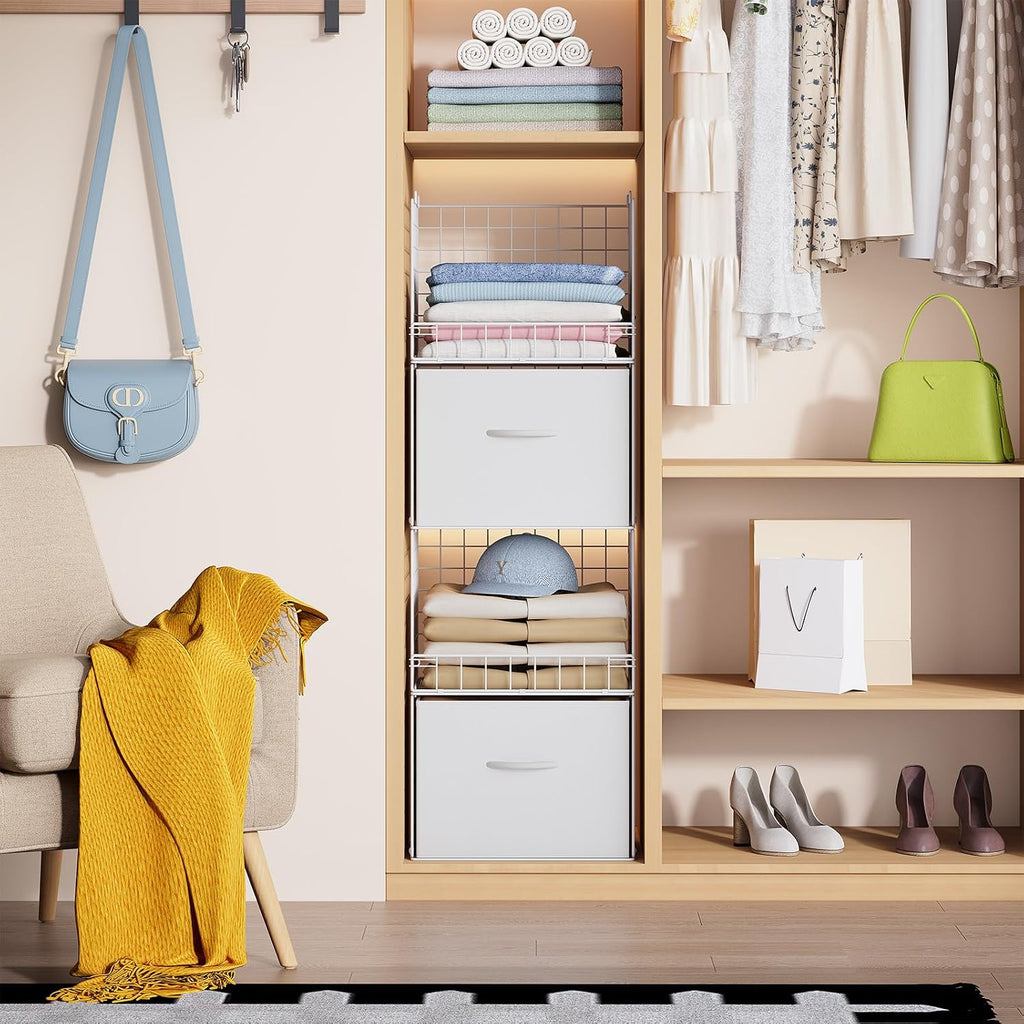 Organizadores de Closet apilables de 4 niveles con 2 cajones, Estante plegable para armario y estantes de almacenamiento, Cajones apilables para sistema organizador de closet, blanco(Patente en trámite)