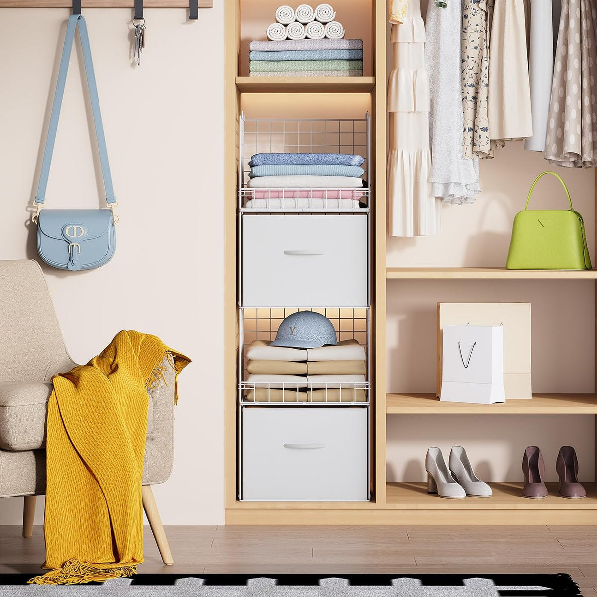 Organizadores de Closet apilables de 4 niveles con 2 cajones, Estante plegable para armario y estantes de almacenamiento, Cajones apilables para sistema organizador de closet, blanco(Patente en trámite)