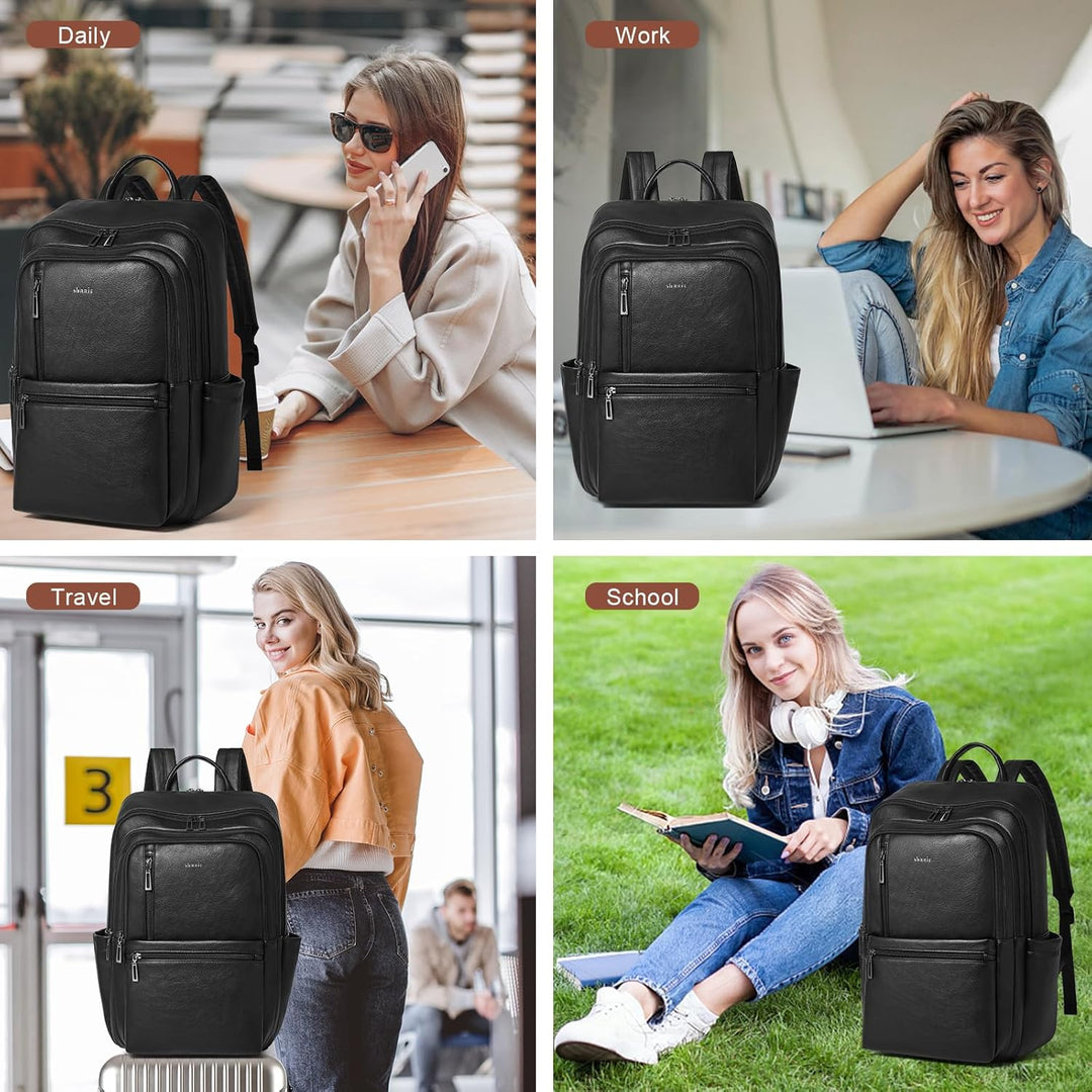 Shrrie Mochila de cuero para computadora portátil para mujer, 17 pu...